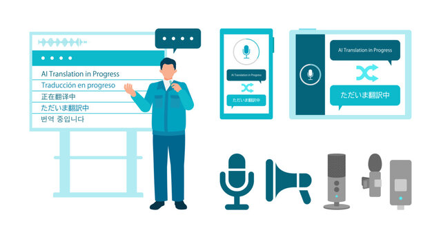 Five-language simultaneous translation digital signage illustration set with male worker in workwear using AI translation app interface showing real-time multilingual communication solution