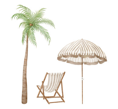 Watercolor summer set of beautiful wooden sun lounger, vintage beach umbrella and palm tree. Isolated collection elements for your design travel banners, cards, posters or textile in provence style. 