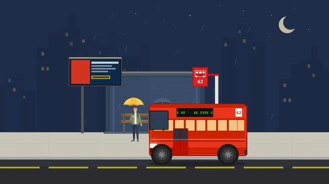 Minimal flat vector bus stop animation with person waiting under shelter in rainy urban environment. Public transport and city transit scene ideal for mobility concepts, smart city visuals, transporta