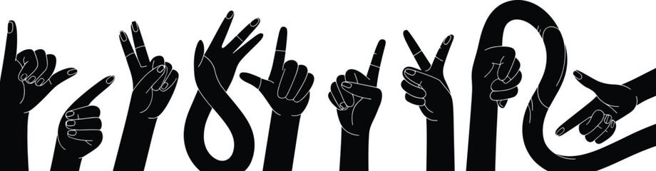 Black silhouette hand gesture alphabet typography set representing sign language and expressive visual communication design © Nur