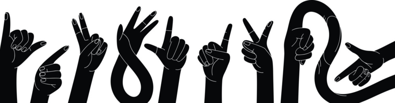 Black silhouette hand gesture alphabet typography set representing sign language and expressive visual communication design