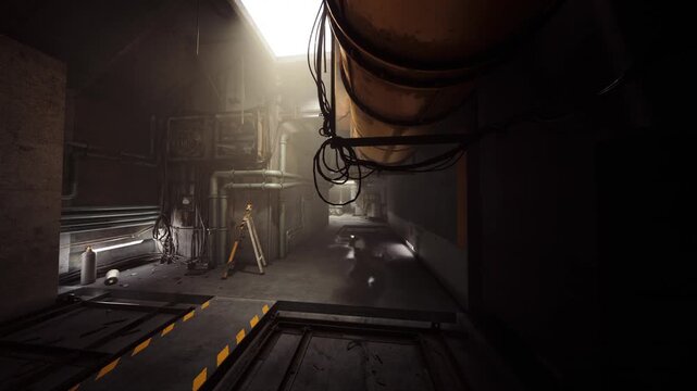 A dimly lit corridor reveals industrial pipes and wires alongside a cracked floor. Sparse light filters in from above, adding a mysterious yet intriguing atmosphere to the space.