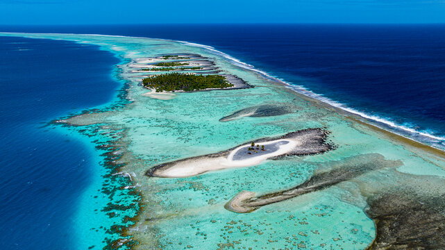 Aerial view of Hikueru atoll in Tuamotu archipelago French Polynesia