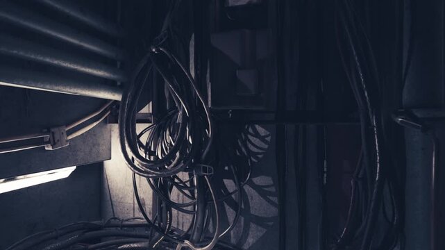 In a shadowy industrial space, numerous cables hang loosely against a concrete wall, creating an intricate, tangled web. A soft light casts dramatic shadows.