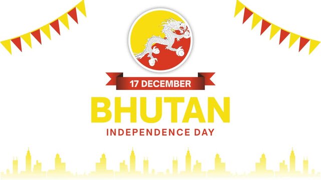 Bhutan National Day Celebration Background with Flag and Gold City Skyline Animation