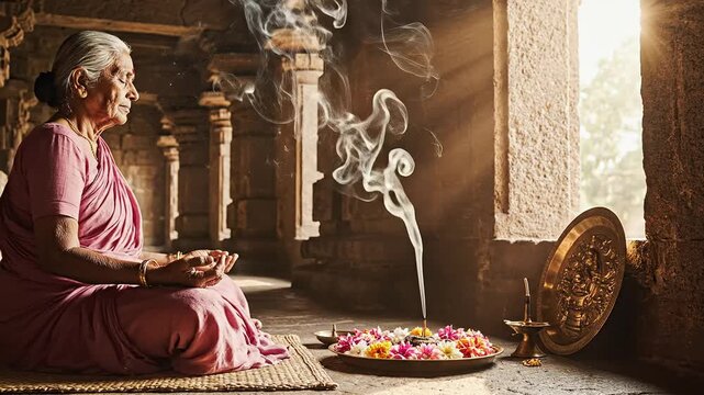 Peaceful senior woman performing sacred devotion with fragrant incense smoke in a historic spiritual temple setting.