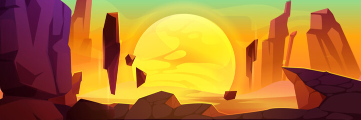 Alien planet landscape with rocky mountains and desert ground surface. Fantasy space vector background for game design. Futuristic scene, cosmic valley with flying rocks, galaxy and sun or moon view. © klyaksun