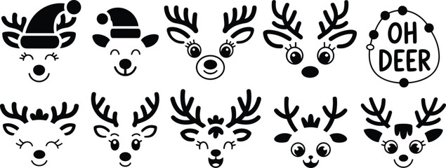 Cute christmas reindeer faces and antlers set, kawaii deer characters with festive elements vector illustration for holiday design use © Nur