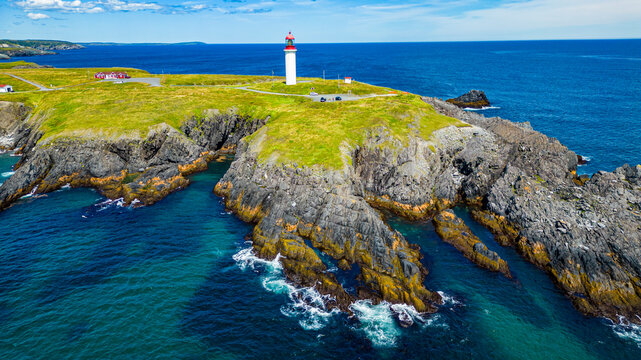 Aerial view of Cape Race Lighthouse on Mistaken Point coastline in Newfoundland