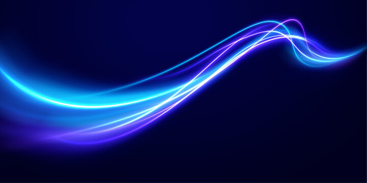 Blue neon streak flows in a smooth arc, leaving luminous motion trails and glowing particles behind. The wave suggests speed. The style feels clean and futuristic.