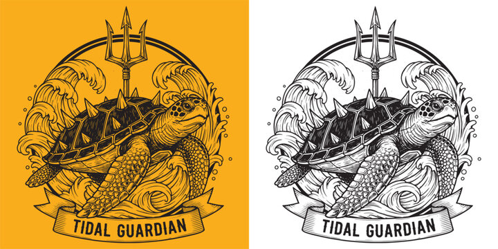 Spiky Sea Turtle with Trident and Ocean Waves Emblem