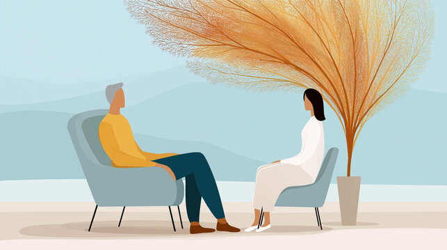 Mental health and psychotherapy concept illustration, psychology awareness, emotional wellbeing symbolism, with copy space