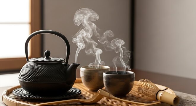 A serene japanese tea ceremony setup featuring a cast iron teapot and steaming ceramic cups on a bamboo tray in a quiet room illustration