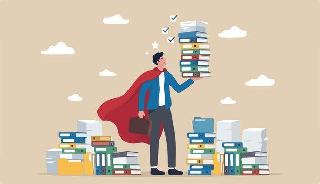Ability work pressure, leadership skill success, control stressed complete within timeline concept, calm confident businessman working laptop or carrying load paperwork