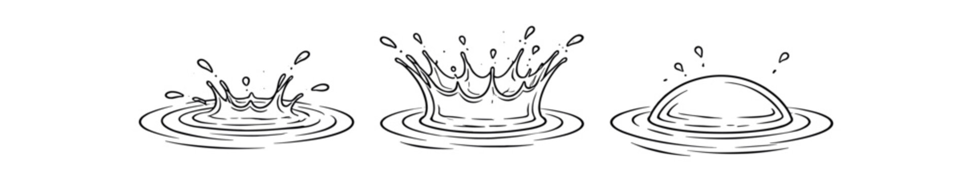  Water drop splash outline icon set. Ripple, drip, liquid surface, puddle effect. Line vector illustration.