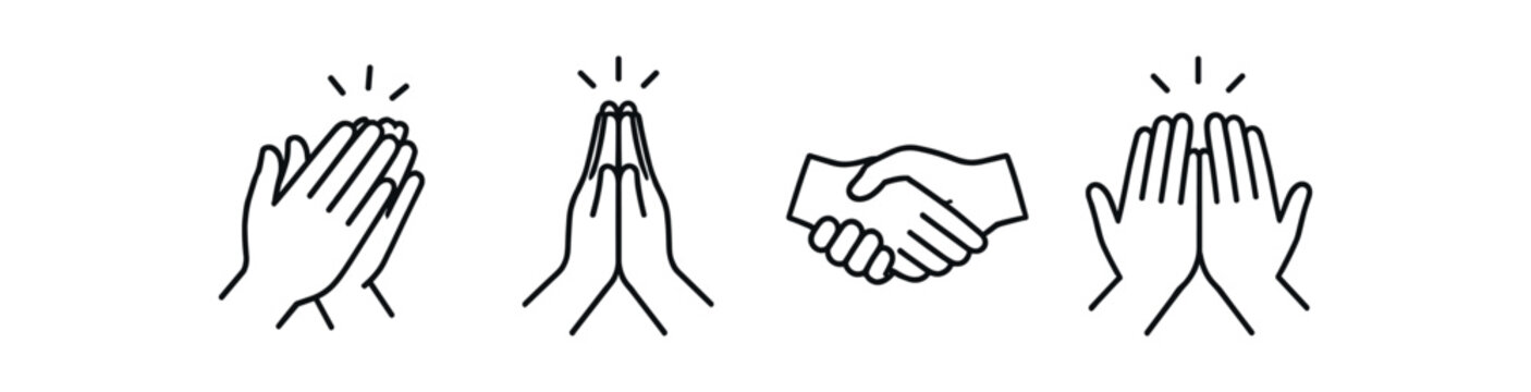 Set of four hand gesture line icons showing clapping, praying, handshake and applauding hands.
