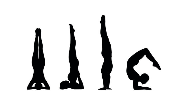 Four black silhouettes of yoga inversion and balance poses including headstand and forearm balance.