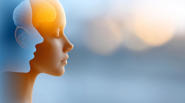 Faceless human brain illustration with overlapping silhouettes in blue and orange hues, mental health awareness concept, psychology symbolism, defocused background, with copy space