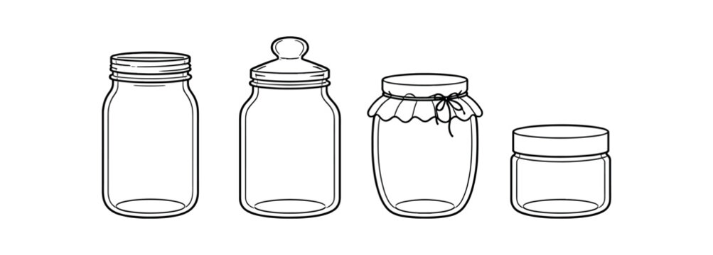 Four outlined storage jars with varied lids and covers drawn in clean line art.