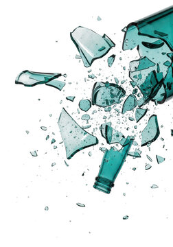 Shattered teal glass bottle exploding into pieces isolated on a transparent background explosion