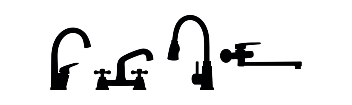 Kitchen and bathroom faucet silhouette icon set. Mixer, tap, water crane types. Black flat vector illustration.