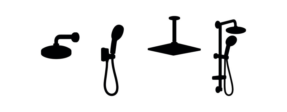  Shower head silhouette icon set. Handheld, wall mounted, rain shower, bathroom fixture. Black flat vector illustration.