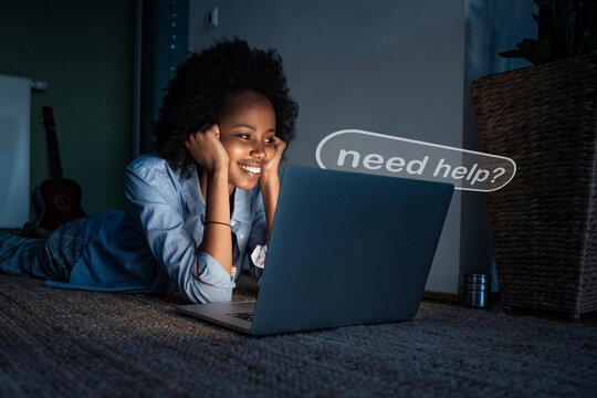Woman at home smiling while chatting with AI chatbot on laptop
