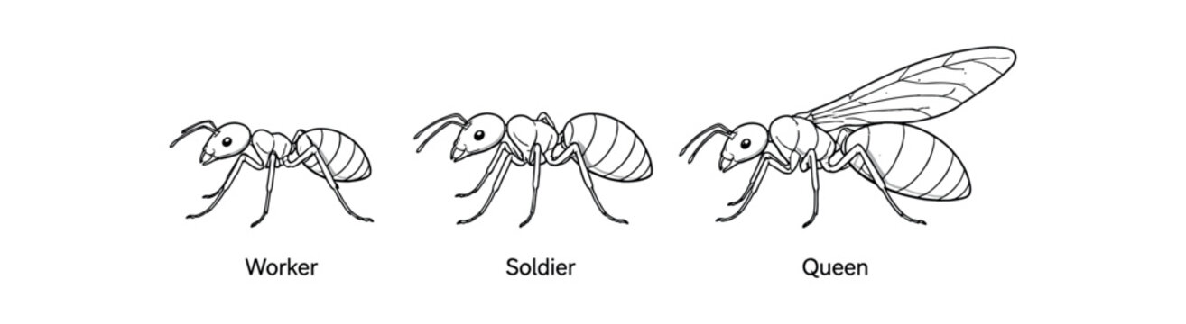 Three outlined ant figures labeled worker, soldier, and queen showing caste differences.