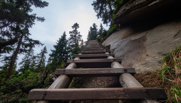 A long wooden ladder ascends steeply through a dense forest on a cloudy day, leading up a rocky mountain path.