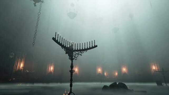 A tall, ornate candle holder stands alone in a dimly lit hall filled with fog. Soft light emanates from the walls, creating an atmospheric and mysterious ambiance.