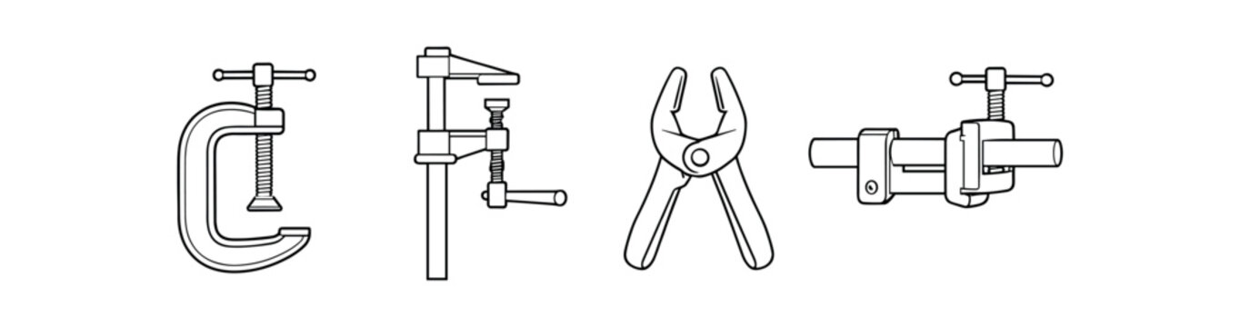 Thin outline icons of a c-clamp, f clamp, pliers and a pipe clamp in black line style