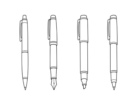 Line art illustrations of four pen types including ballpoint, fountain, chisel tip and fineliner