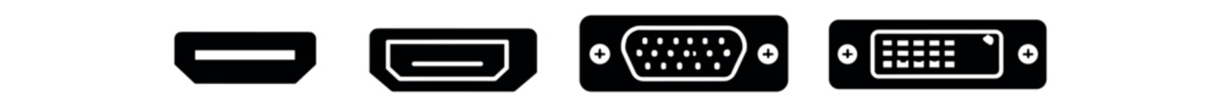 Silhouette icons of display connectors including hdmi, mini hdmi, vga and dvi ports.