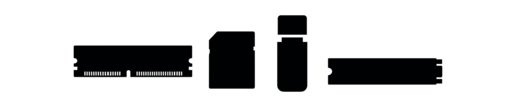 Black silhouette icons of memory and storage devices including ram module, sd card, usb stick and nvme drive