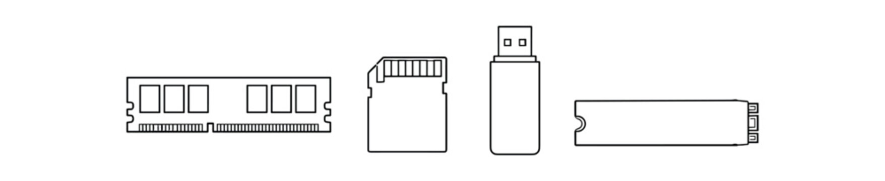 Line outline icons of memory devices showing ram, sd card, usb stick and nvme style module