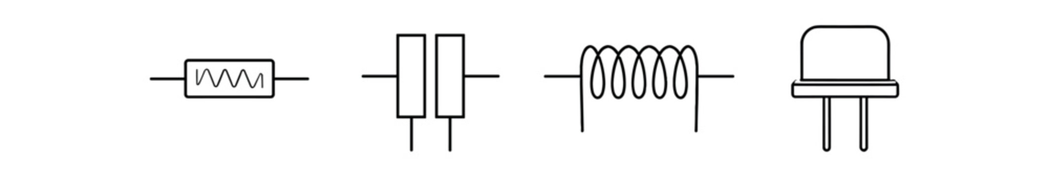 Thin line icons of passive electronic components such as resistor, capacitor, inductor and transistor style part