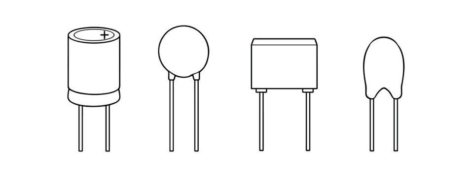 Electronic capacitor components icon set. Cylindrical, ceramic, film capacitor types. Outline line vector illustration.