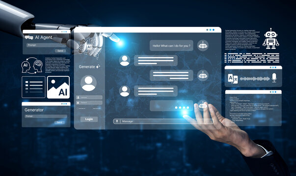 A futuristic representation of artificial intelligence technology, showcasing a digital interface with chatbot features and human interaction in an advanced setting. Ledger