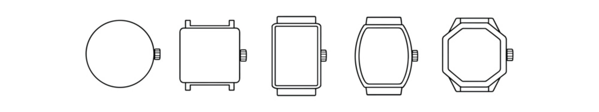Five outlined wristwatch shapes showing round, square, and octagonal cases