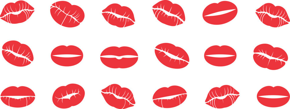 Red lips kiss silhouettes set with lipstick marks sensual mouth icons vector illustration collection