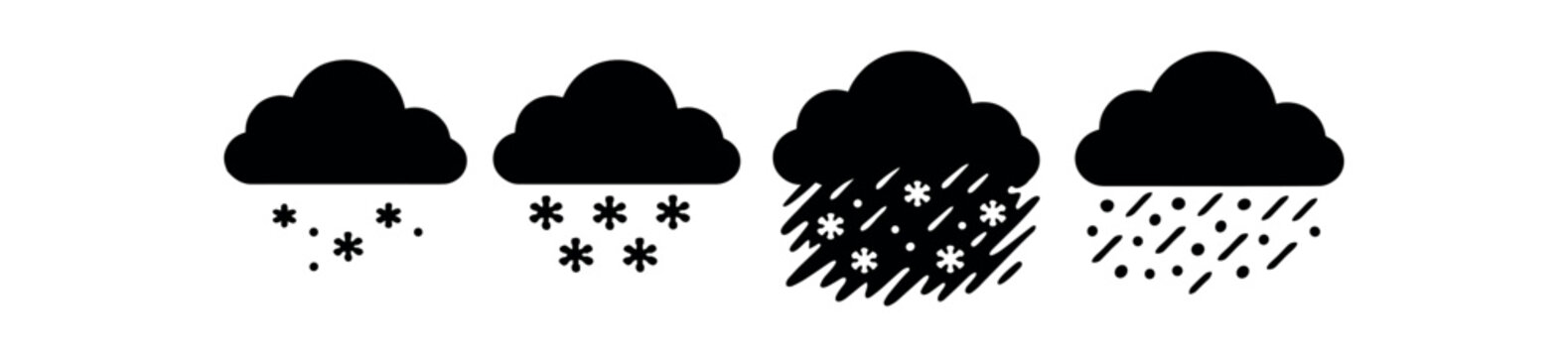 Four solid cloud icons showing different precipitation types including snow and rain.