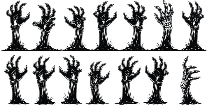 Set of creepy zombie hands rising from ground, spooky horror silhouettes collection for Halloween design
