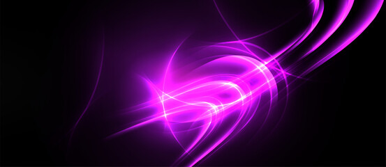 Obraz premium Bright purple energy flows, curves, swirls against black background. Abstract light design creates dynamic visual impact.