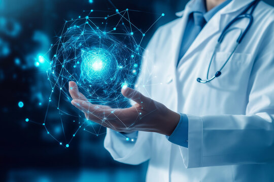 Medical Education, Businessman hand touching the global networking and medical education programs that train healthcare professionals, improve clinical skills, and advance medical research