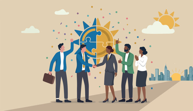 Merger and acquisition, company join force partnership working together new opportunity successful concept, businessmen merging together to celebrating ambitious for bright future