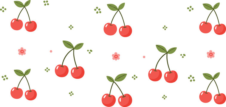 Seamless cherry pattern with leaves and small flowers in minimal flat cartoon style for textile, wallpaper and surface design