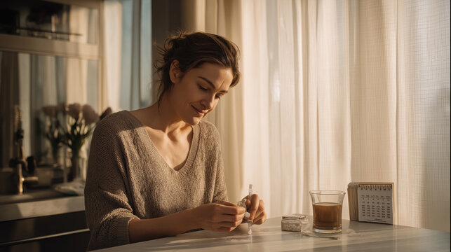Young woman with brown hair sits at sunlit kitchen table, preparing medication with gentle smile, surrounded by glass of water, calendar, and soft morning light
