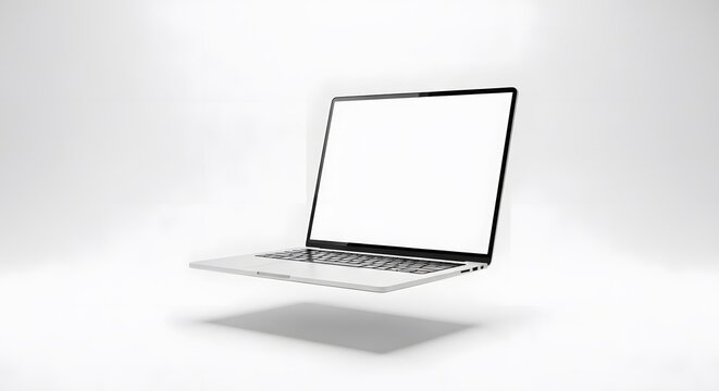 Modern laptop with blank white screen floating against a clean studio background, perfect for custom content.