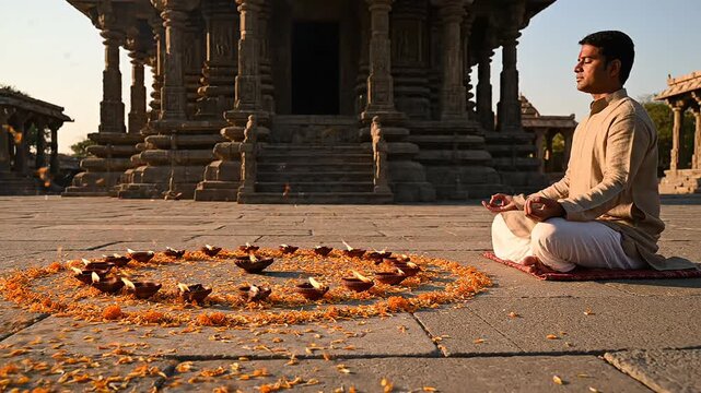 Man meditating in lotus pose with closed eyes in an ancient temple courtyard, surrounded by oil lamps for buddha purnima worship ceremony.