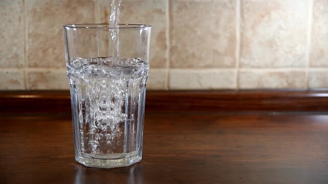 A stream of clear water gently fills a glass, creating a calm and refreshing scene.